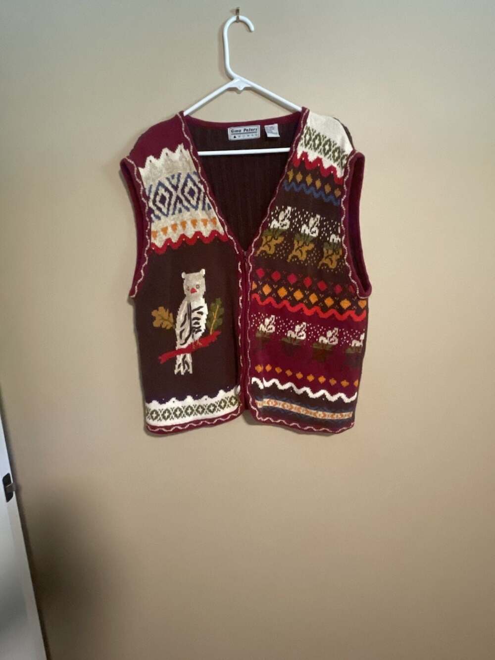 Vintage Gina Peters Sweater Vest Multicolor Fall Leaves Owl Goblincore